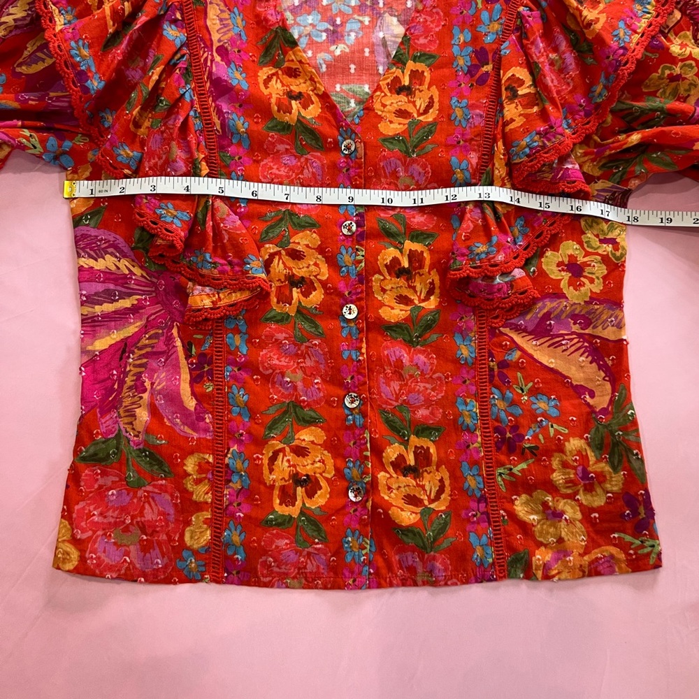 FARM Rio Spring Red Banana Blouse Ruffle-Trim Size XS - Picture 6 of 10